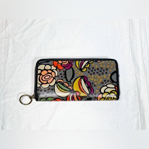 Fossil Grey Orange Floral Coated Canvas Leather Zip Around Clutch Wallet - Picture 3 of 3